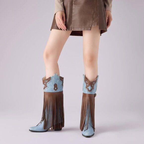 ⚡Women's Blue Fringe Embroidered Western Knee High Cowgirl Boots Chunky Heel - Picture 5 of 6
